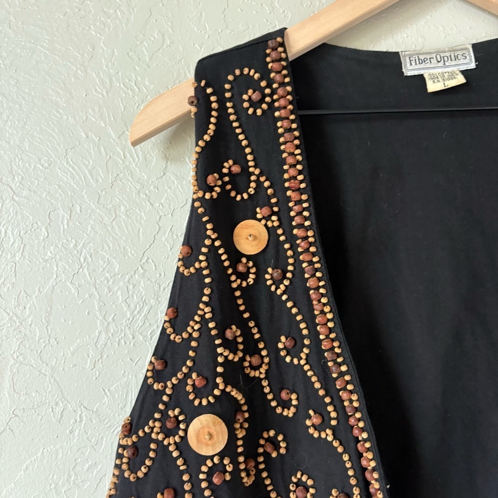 Vintage Fiber Optics Beaded Wooden Button Vest | 90s Boho Festival | L - Picture 4 of 12